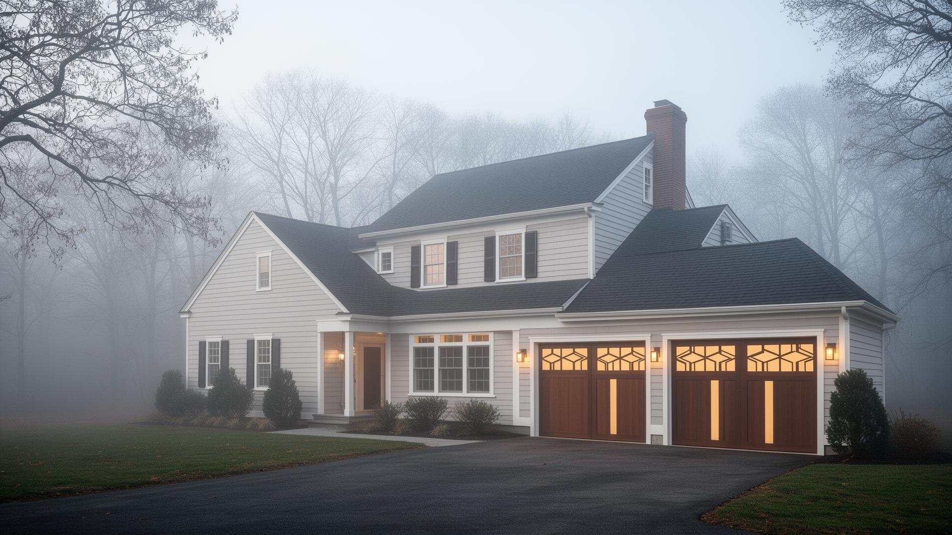 Beautiful home with mid-century modern garage doors in misty morning